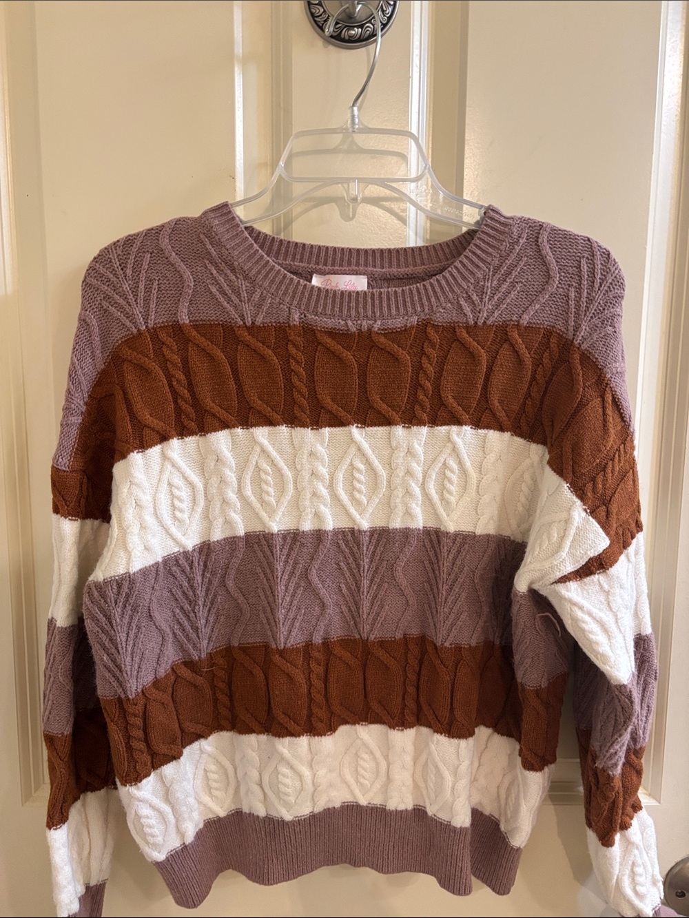 Pink Lily Striped Cable-Knit Crewneck in Mauve, Rust & Cream